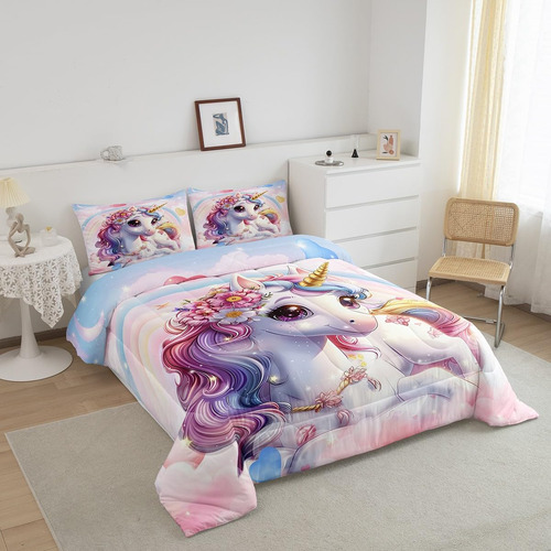 Juego De Edredón King Unicornio Arcoíris Para Niñas Ropa D