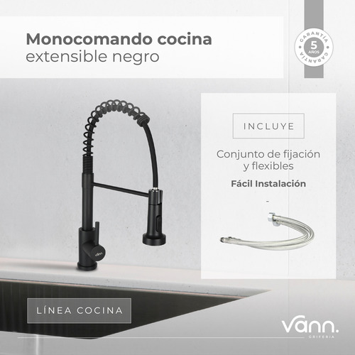 Griferia Canilla Extensible Para Cocina Negro Vann Motorarg