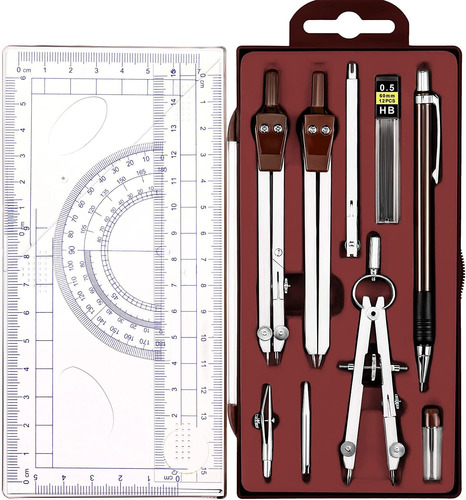 Set De Geometría Outus, Marrón, Brújula, Metal, 13 Piezas