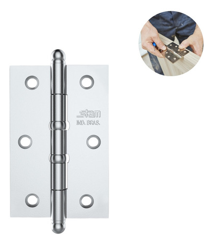 Kit 3 Dobradiça Stam Com Rolamento Canto Quadrado Cromado