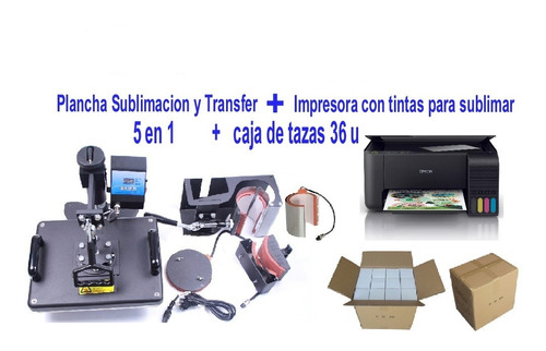 Plancha 5 En 1 + Impresora Para Sublimar + Caja De Tazas 36u