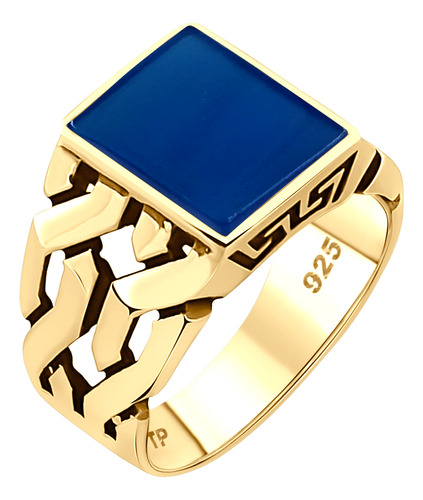 Anel Masculino Elos Prata 925 Dourada 18k - Ágata Azul