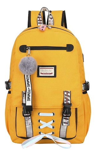 Mochila Escolar Estudiantes Secundaria Bandolera Sencilla Gran Capacidad Con Puerto Usb Color Amarillo Brillante