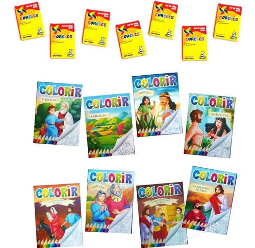 100 Livrinhos Bíblico Colorir Infantil + 100 Cx Giz De Cera 