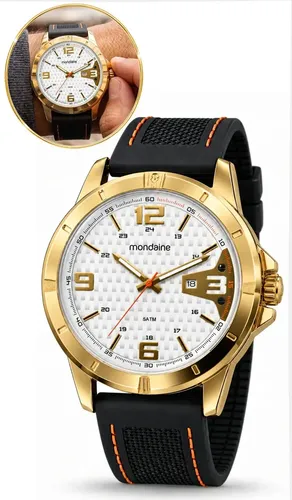 Relógio De Pulso Mondaine Com Corria De Silicone Cor Preto - Fondo Branco - Bisel Dourado