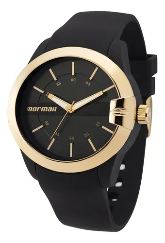 Relógio De  Pulso Mormaii Mopc21jag/8p Com Corria De Poliuretaneo Cor Preto - Bisel Dourado