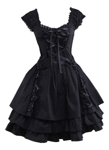 Vestido Lolita Gótico Con Cordones En Capas Negro Clásico Pa