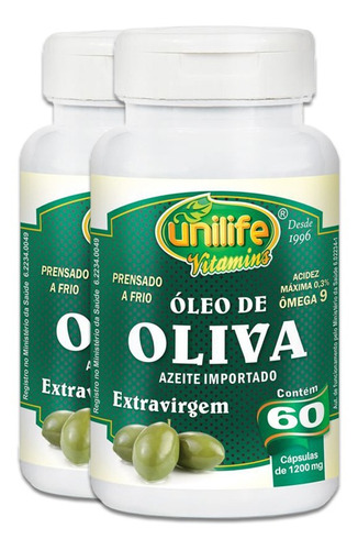 Kit 2 Óleo De Oliveira Extra Virgem 60 Cápsulas Unilife. Sabor Sem Sabor