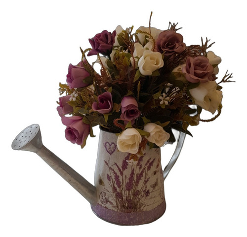 Arranjo De Flores Artificiais C/ Rosas Em Vaso Regador Metal