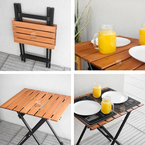 Imagen 4 de 10 de Mesa Plegable Chica 60x50 + 2 Sillas Aluminio Negro Y Madera
