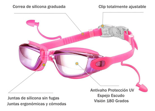 Set Natación 5pz, Gogles+gorra+clip Nariz+tapones+bolsa Rosa