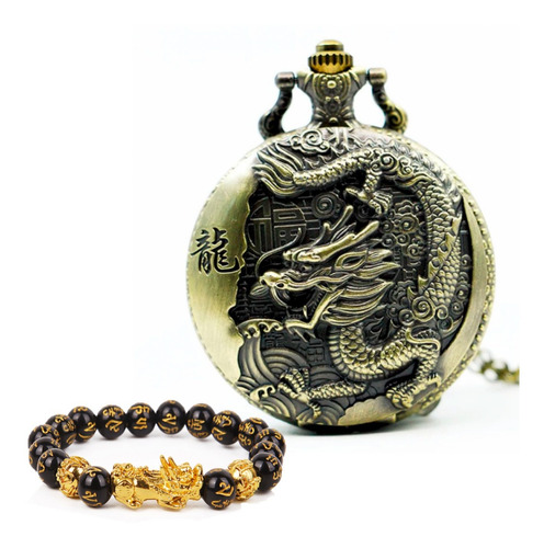 Pulseira Feng Shui Pixiu + Relógio De Bolso Dragão Relíquia
