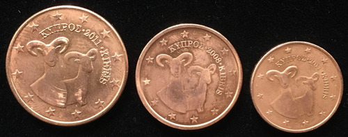 Chipre, 5, 2 Y 1 Euro Cent, 2008 / 2011. Lote 3 Monedas. Bu