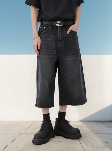 Vaqueros Anchos, Pantalones Cortos, Cintura Media, Mezclilla