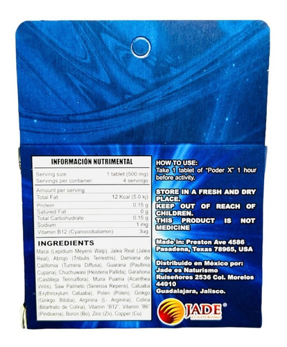 Poder X Man 20 Tabletas De 500 Mg Pastilla Vigorizante Azul