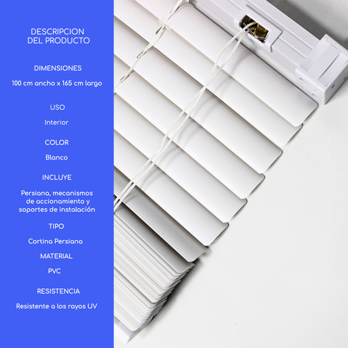 Cortina Roller Persiana Pvc 100x165 Cm Veneciana Manuales Blanco Guiza