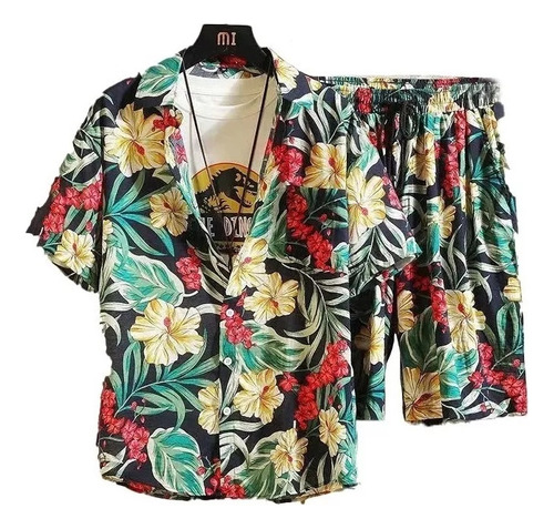 Camisa Hawaiana Slim Fit Floreada Casual Para Hombre+shorts