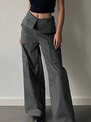 Pantalones Cargo Grises Para Mujer De Talle Bajo Y Bolsillo