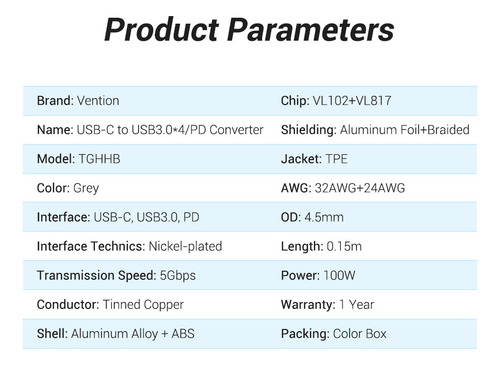 Hub USB Multipuerto Vention - 5 en 1 - Usb C + 4 Puertos Usb 3.0 + Power delivery USB C 100W - 5Gbps - Carcasa Aluminio - 15 CM - Premium Para Teclado / Disco rigido / Mac / Laptop - TGHHB