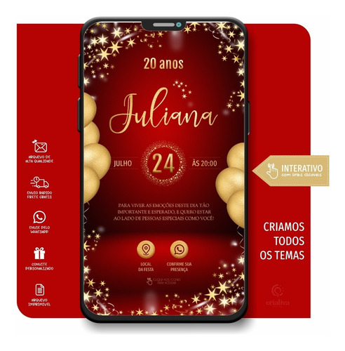 Convite Virtual Adulto Feminino Vermelho Dourado Interativo4