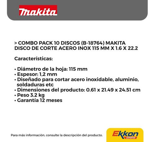 Imagen 2 de 7 de Combo 10 Discos De Corte Makita Acero Inox B-18764