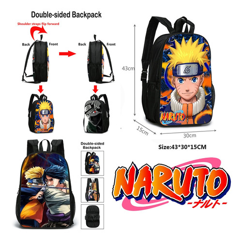 Set 21 Mochila Escolar Naruto De Doble Cara Para Estudio 
