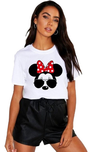 Polera Dama Estampada 100%algodon Minnie Con Lazo De Puntos