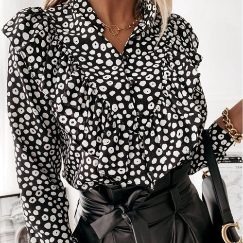 Camisa Con Cuello En V Y Manga Larga Con Volantes Y Botones