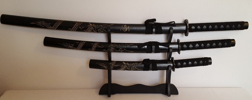 Katanas Samurai Negras Soporte Juego De 3 Espadas Samurai