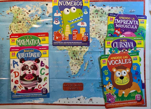 Set 6 Libros Apoyo Escolar Mapa Planisferio Y 12 Lápices