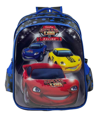 Mochila De Costas Infantil Escolar Speed Car Em Relevo Cor Azul-marinho Desenho do tecido Liso