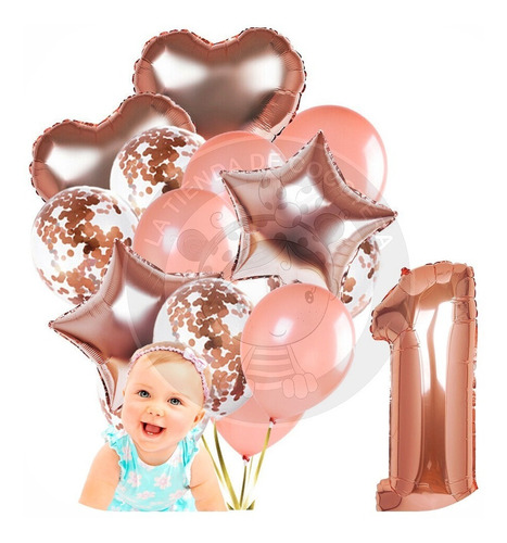 Set Globo Latex Metalizado Rosa Gold Confett + Numero 1 