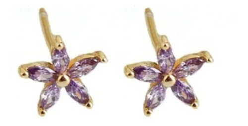 Aretes Flor Amatista Púrpura Morado Aros Plata Baño Oro