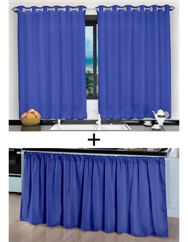 Kit Cortinas De Cozinha Janela Pia Balcão Tecido Liso Cor Azul