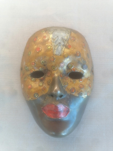 Antigua Mascara De Bronce Pedrería Cobre Adorno Decoración