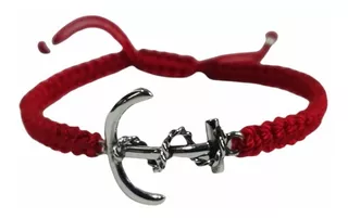 Pulsera Ancla Plata.925 Tejida Hilo Nylon Rojo Ajustable