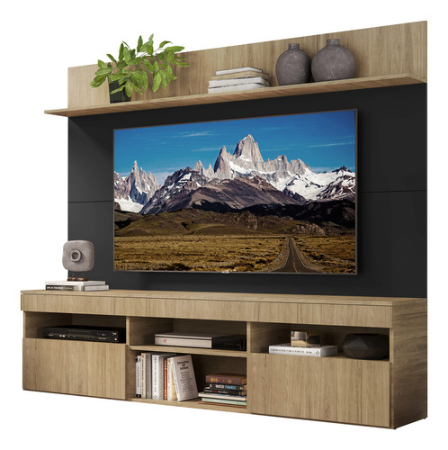 Rack Com Painel E Suporte Tv 65  Madri Multimóveis V3366 Cor Rustic/Preto/Rustic