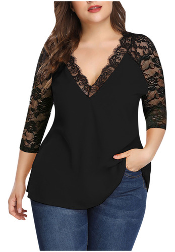 Blusa N Para Mujer, Encaje, Manga Larga, Manga Larga, Top V-