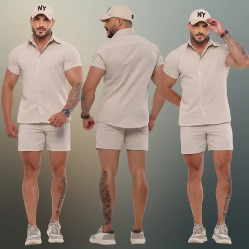 Conjunto masculino de linho camisa e shorts com bolso