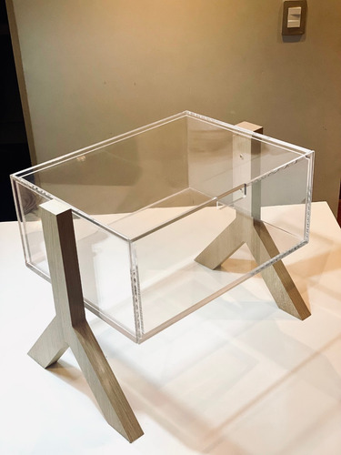 Mesa Lateral De Acrílico Top Retrô Com Gaveta Cor Cristal