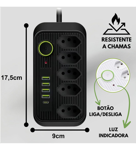 Extensão Filtro De Linha 5 Tomadas Segurança Tipo C 4 Usb Cor Preto