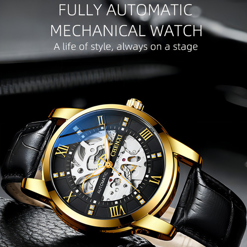 Reloj mecánico de cuero impermeable Chenxi para hombre, color de fondo dorado