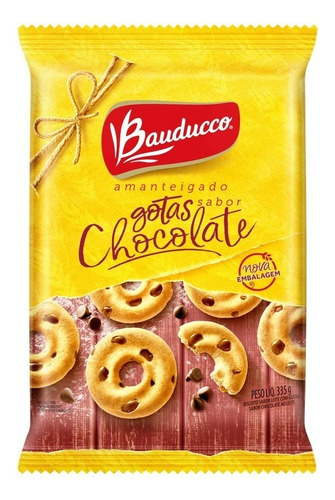 Biscoito Amanteigado com Gotas de Chocolate Bauducco Pacote 335g Embalagem Econômica