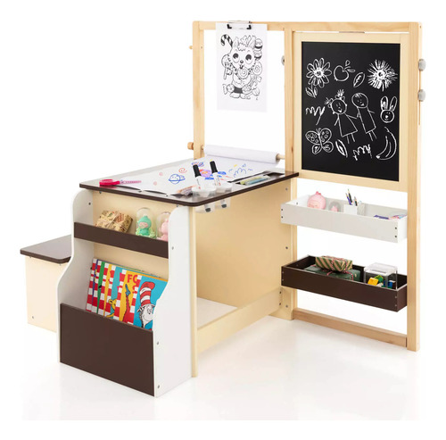 Juego De Banco Mesa Para Pintar Ajustable Niños Café