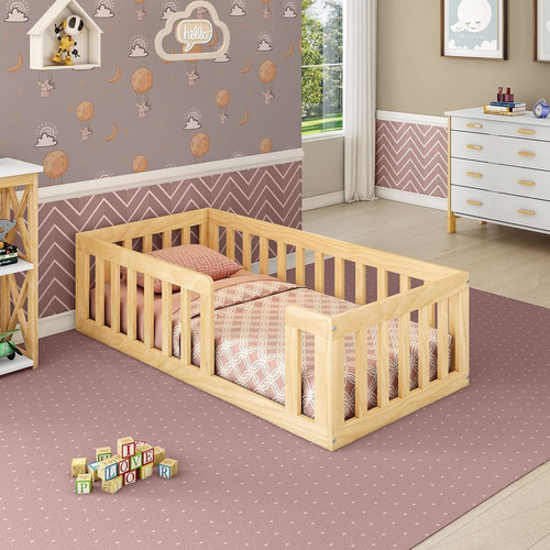 Mini Cama Montessoriana Madeira Maciça Com Grade Giulia