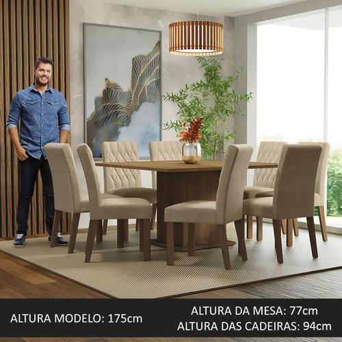 Sala Jantar Mesa Tampo Madeira 8 Cadeiras Leila Madesa Ri Cor Rustic/Imperial Desenho do tecido das cadeiras Liso