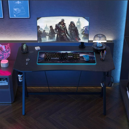 Escritorio De Mesa De Chapa De Madera Para Juegos, Negro Heaimo