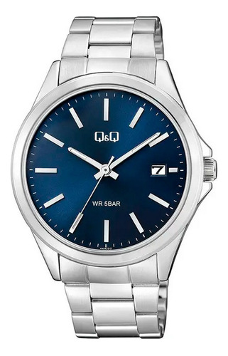 Reloj Para Hombre Q&q A484j212y Plateado Azul Acero +estuche