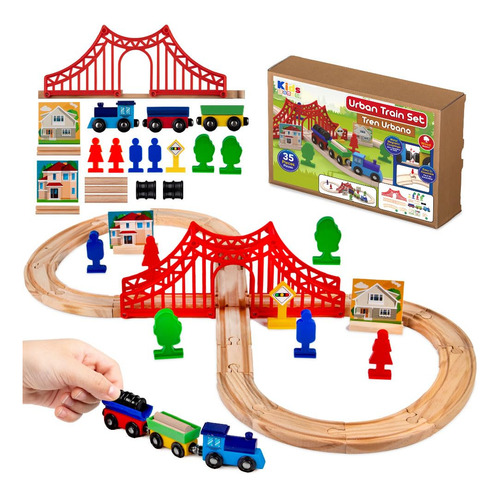 Kids House Juego De Tren Urbano De Madera Con 35 Piezas Set