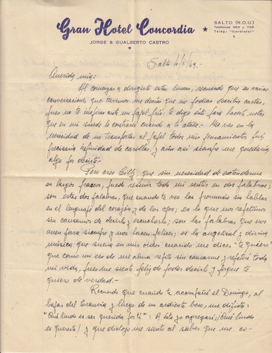 Salto 1949 Carta Librada Desde Gran Hotel Concordia Castro 
